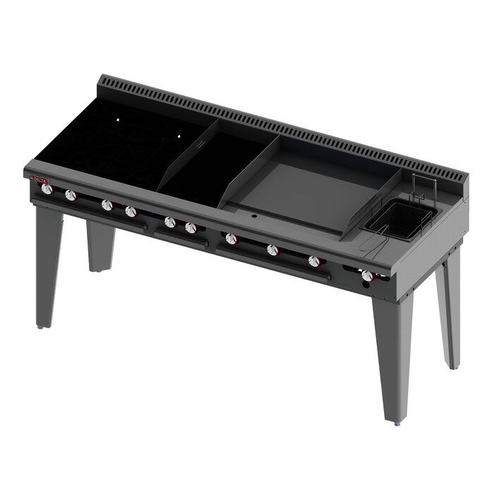 Estufa múltiple a gas, 4 quemadores, asador, plancha y freidor.